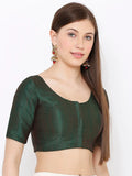 Green Scoop Neck Elbow Sleeve Readymade Saree Blouse
