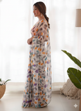 Multicolor Printed Chiffon Saree with Orange Blouse, Lightweight Designer Saree, Party Wear Saree for Women, Elegant Ethnic Saree Set