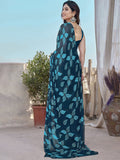 Teal Floral Leaf Print Georgette Saree | Lightweight Soft Designer Party Wear Saree | Ethnic Festive & Casual Printed Saree