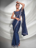 Royal Dusk Teal Blue Sequin Georgette Saree with Silver Lace Border