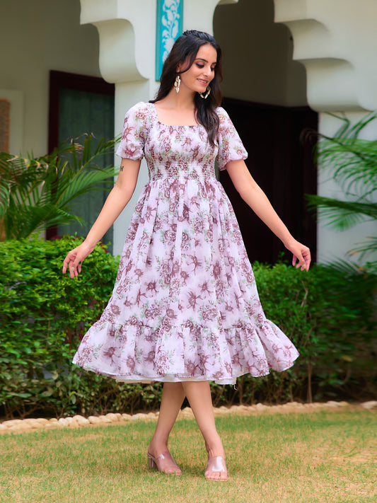 Lavender Floral Smocked Midi Dress with Ruffle Hem – Blossom Belle Edition
