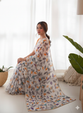 Multicolor Printed Chiffon Saree with Orange Blouse, Lightweight Designer Saree, Party Wear Saree for Women, Elegant Ethnic Saree Set