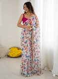 Multicolor Printed Chiffon Saree with Pink Blouse, Lightweight Designer Saree, Party Wear Saree for Women, Elegant Ethnic Saree Set