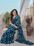 Teal Floral Leaf Print Georgette Saree | Lightweight Soft Designer Party Wear Saree | Ethnic Festive & Casual Printed Saree