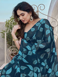 Teal Floral Leaf Print Georgette Saree | Lightweight Soft Designer Party Wear Saree | Ethnic Festive & Casual Printed Saree