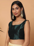 Green Sleeveless Square Neck Readymade Saree Blouse with Silver Lace
