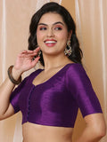 Wine Boat Neck Elbow Sleeve Readymade Saree Blouse in Silk Blend