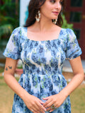 Blue Floral Smocked Midi Dress with Ruffle Hem – Ocean Bloom Edition