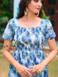Blue Floral Smocked Midi Dress with Ruffle Hem – Ocean Bloom Edition