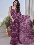 Purple Floral Leaf Print Georgette Saree | Lightweight Soft Designer Party Wear Saree | Ethnic Festive & Casual Printed Saree