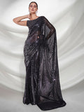 Silver & Black Designer Sequin Georgette Saree Elegant Evening Partywear
