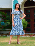 Blue Floral Smocked Midi Dress with Ruffle Hem – Ocean Bloom Edition