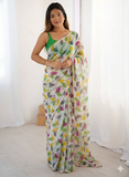Multicolor Printed Chiffon Saree with Green Blouse, Lightweight Designer Saree, Party Wear Saree for Women, Elegant Ethnic Saree Set