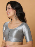 Silver Boat Neck Elbow Sleeve Readymade Saree Blouse in Silk Blend