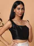 Black Sleeveless Square Neck Readymade Saree Blouse with Silver Lace
