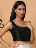 Black Sleeveless Square Neck Readymade Saree Blouse with Silver Lace