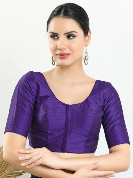 Purple Boat Neck Elbow Sleeve Readymade Saree Blouse in Silk Blend