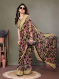 Glanzavi Black & Beige Leaf Print Saree with Designer Blouse – Elegant Party Wear