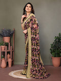 Glanzavi Black & Beige Leaf Print Saree with Designer Blouse – Elegant Party Wear