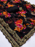Black Floral Georgette Saree with Golden Embroidered Border