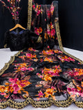 Black Floral Georgette Saree with Golden Embroidered Border