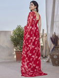 Red Floral Leaf Print Georgette Saree | Lightweight Soft Designer Party Wear Saree | Ethnic Festive & Casual Printed Saree