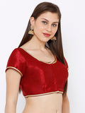 Red Gold-Trim Round Neck Readymade Saree Blouse (Short Sleeve)