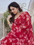 Red Floral Leaf Print Georgette Saree | Lightweight Soft Designer Party Wear Saree | Ethnic Festive & Casual Printed Saree