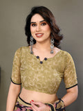 Glanzavi Black & Beige Leaf Print Saree with Designer Blouse – Elegant Party Wear