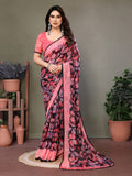 Glanzavi Pink & Black Leaf Print Saree with Designer Blouse – Elegant Party Wear
