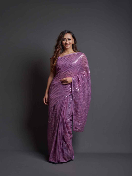 Midnight Noir Purple Sequin Georgette Saree For Women