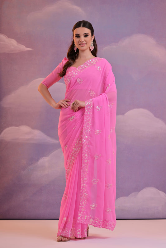Hot Pink Georgette Saree with Hand Embellished Floral Sequins