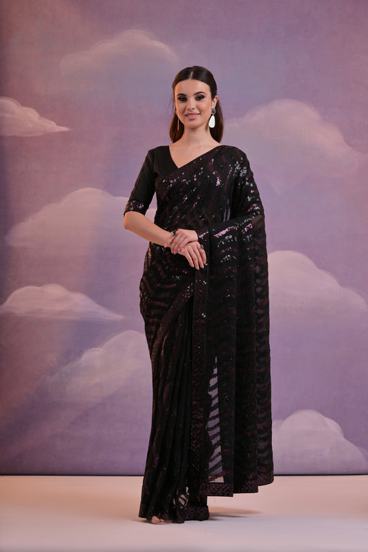 Elegant Black And Wine Sequin Georgette Saree – Glamorous Party Wear