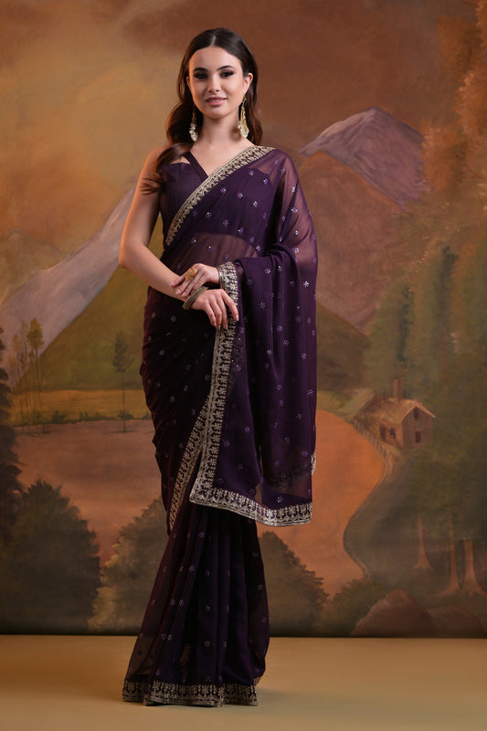 Elegant Wine Georgette Saree with Embroidered Border