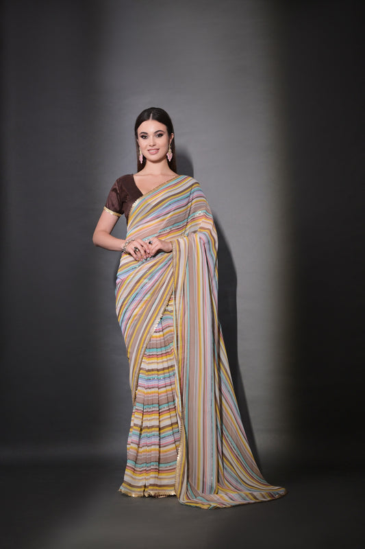 Multicolor Pastel Striped Saree with Subtle Gold Border Elegant Daily & Festive Wear