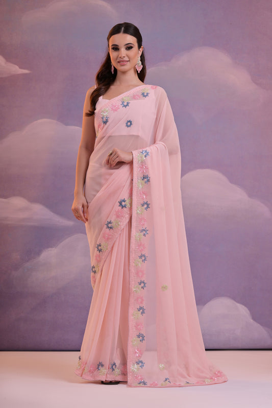 Pastel Pink Georgette Saree with Hand-Embroidered Floral Border – Graceful Ethnic Elegance
