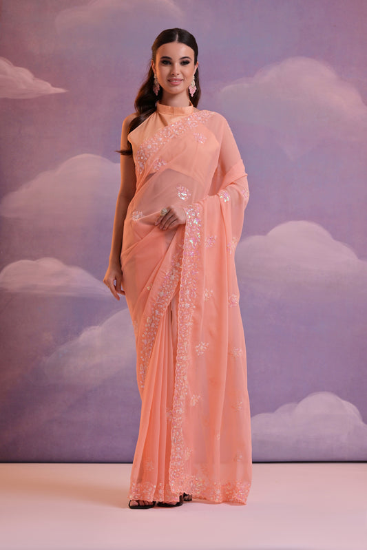 Peach Blossom Georgette Saree with Hand Embroidered Sequin Detailing