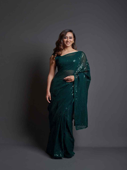 Midnight Noir Green Sequin Georgette Saree For Women