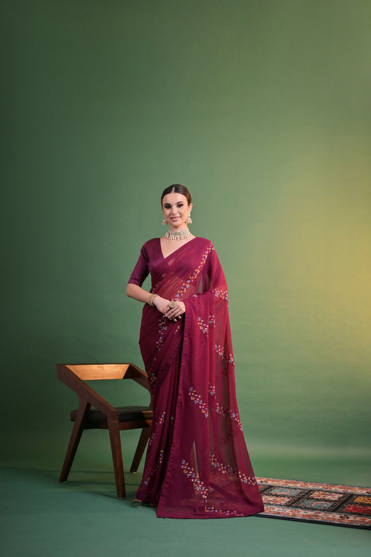 Wine Georgette Saree with Floral Sequin Embroidery