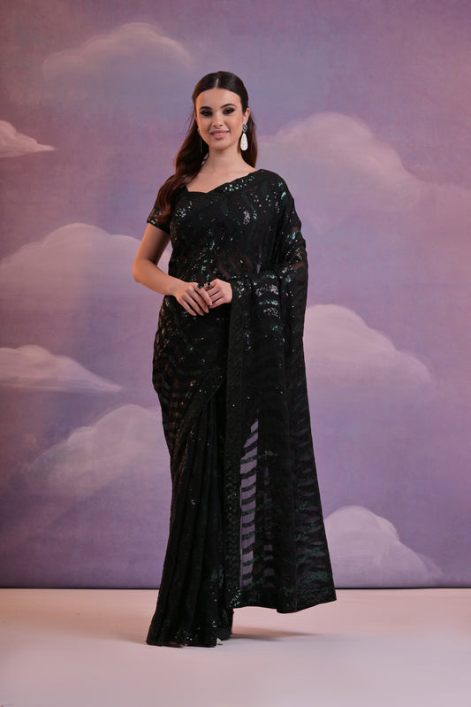 Elegant Black And Green Sequin Georgette Saree – Glamorous Party Wear