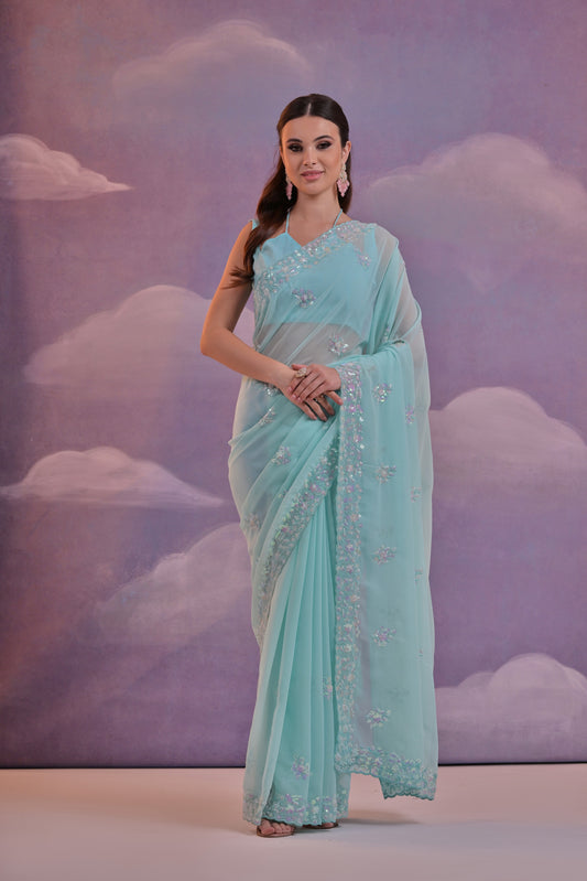 Pastel Blue Embellished Georgette Saree with Floral Sequin Work