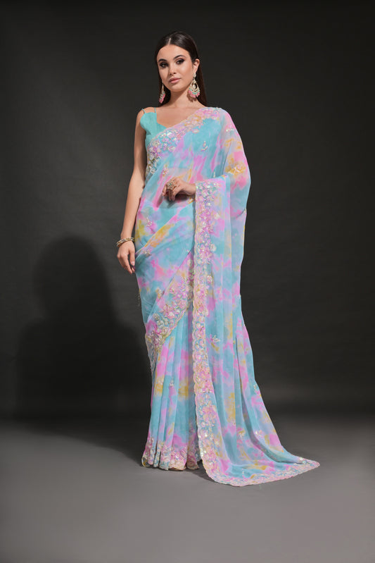FIROZI-RAMA Pastel Tie-Dye Saree with Sequin & Thread Embroidery Border