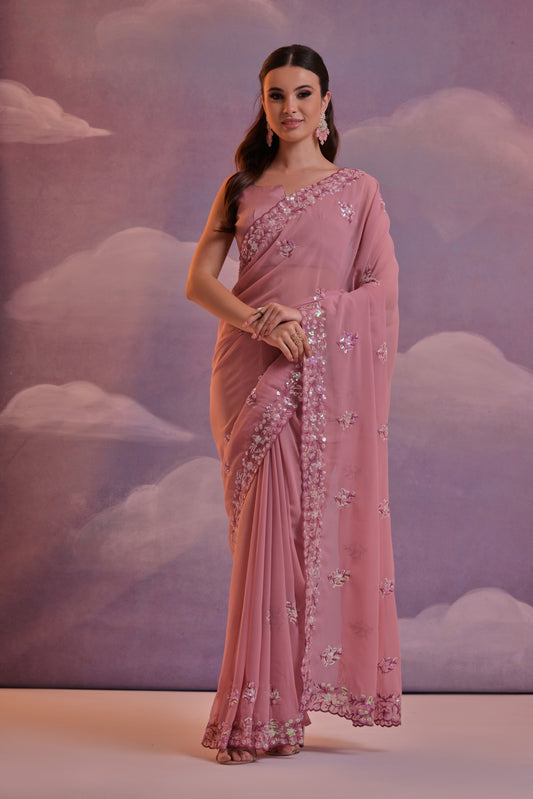 Rose Pink Floral Embellished Georgette Saree with Scallop Border