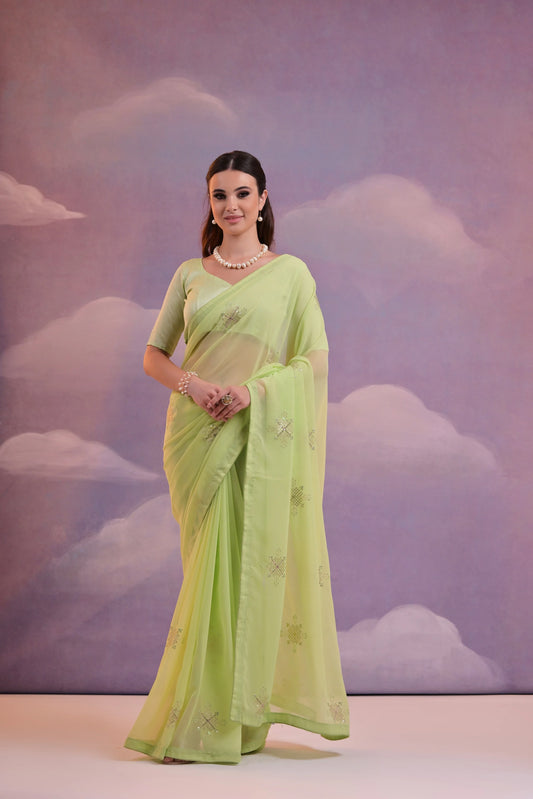 Woman wearing a light green saree with a cloud-patterned background Glanzavi