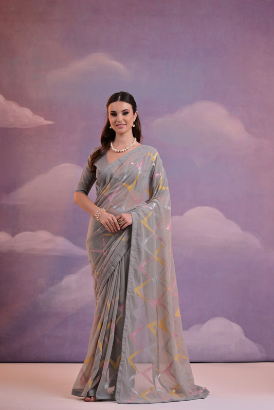 Elegant Grey Georgette Saree with Multicolor Geometric Embroidery