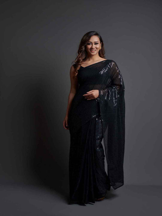Midnight Noir Black Sequin Georgette Saree For Women