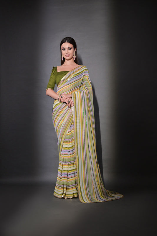 Multicolor Pastel Striped Saree with Subtle Gold Border Elegant Daily & Festive Wear