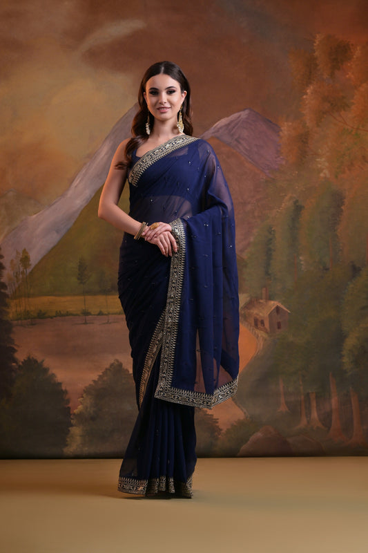 Elegant Navy Blue Georgette Saree with Embroidered Border