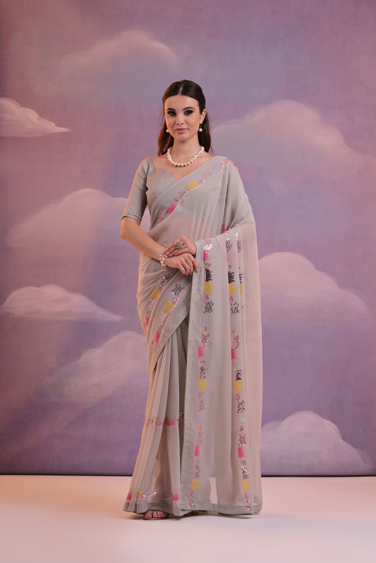 Elegant Grey Embroidered Georgette Saree – Subtle & Sophisticated Ethnic Wear