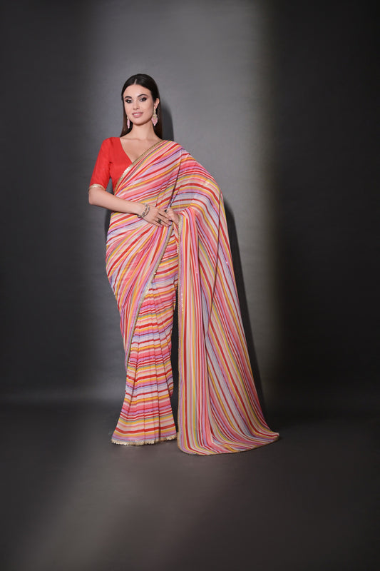 Multicolor Pastel Striped Saree with Subtle Gold Border Elegant Daily & Festive Wear